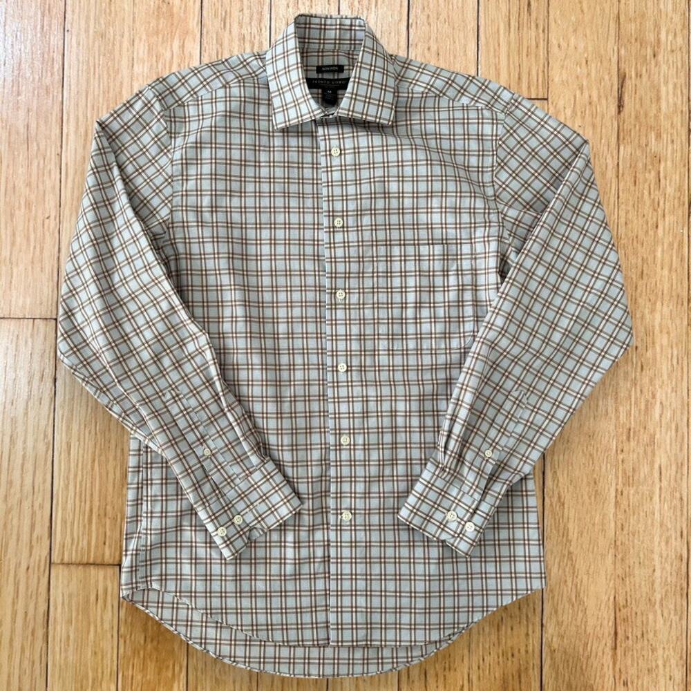 Pronto Uomo Non Iron Dress Shirt Men's Medium Long Sleeve Brown White Check